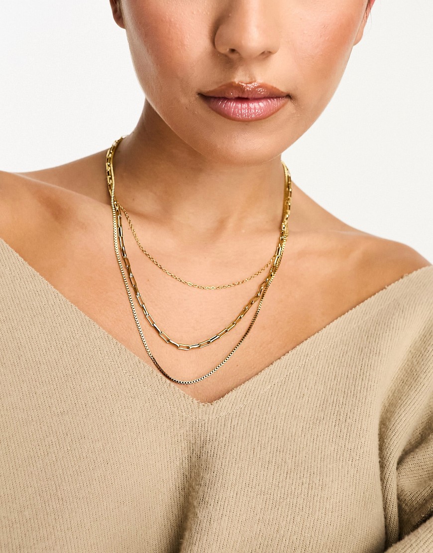stainless steel multi row chain necklace in gold
