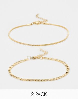 Lost Souls stainless steel pack of 2 figaro and snake chain bracelets in gold