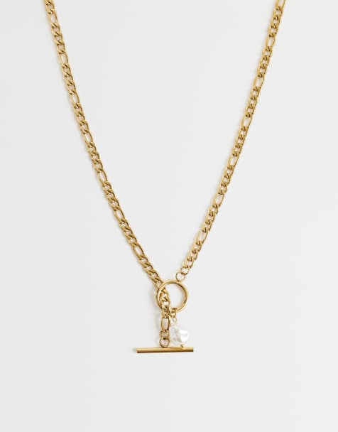 Lost Souls T bar chain necklace with pearl pendant in 18kt gold plated stainless steel - view 1