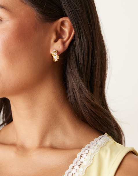 Lost Souls twisted pearl embellished hoop earrings in 18K gold plated stainless steel - view 1