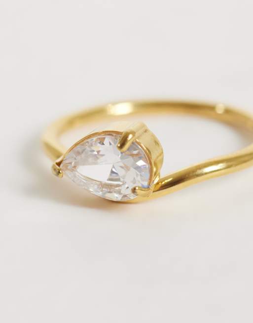 Lost Souls wavy ring with CZ teardrop in 18k gold plated stainless steel, 2 of 3