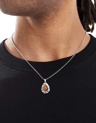 Lost Souls Lost Sous Tear Drop Faux Tiger Eye Pendant Necklace In Silver