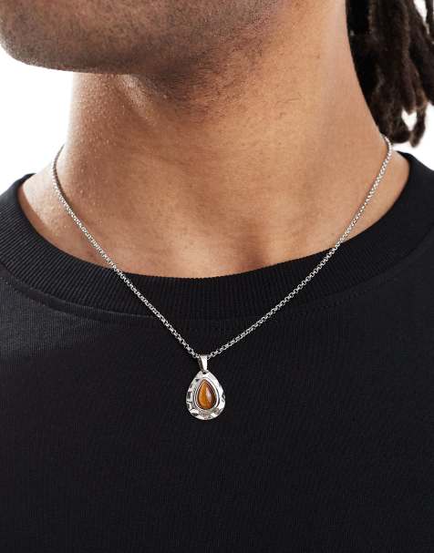 Lost Sous tear drop tiger eye pendant necklace in stainless steel - view 1