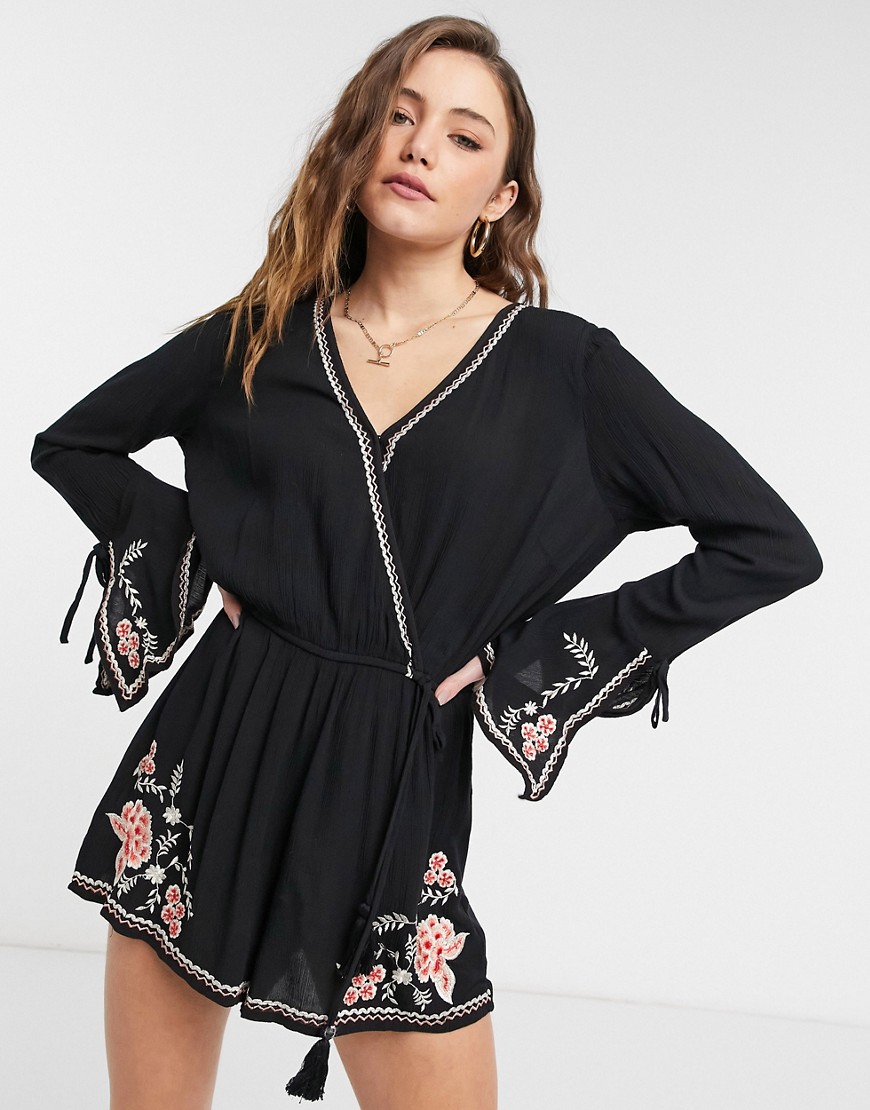 Lottie And Holly bell sleeve floral embroidered playsuit in black
