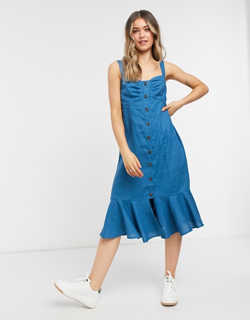 Lottie And Holly button through frill hem midi dress in blue