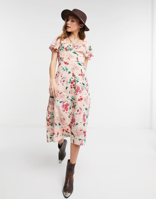 Lottie And Holly floral printed midi tea dress in pink