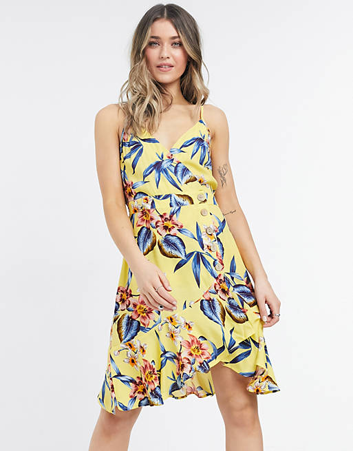 Lottie And Holly wrap front mini cami dress in yellow floral | ASOS