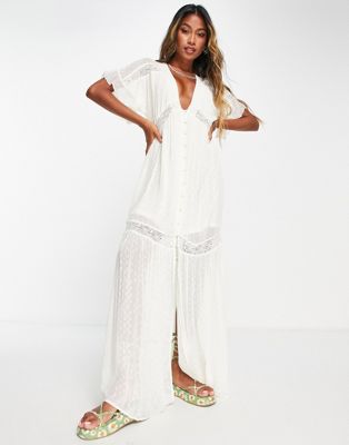 Lottie & Holly button down maxi dress with flutter sleeves in cream