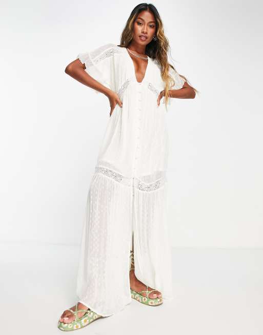 Lottie & Holly button down maxi dress with flutter sleeves in cream | ASOS