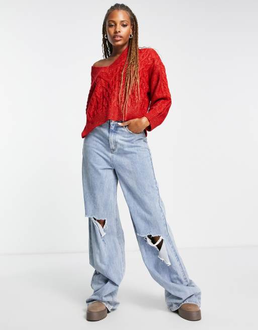 Lottie & Holly cable knit cropped jumper in red