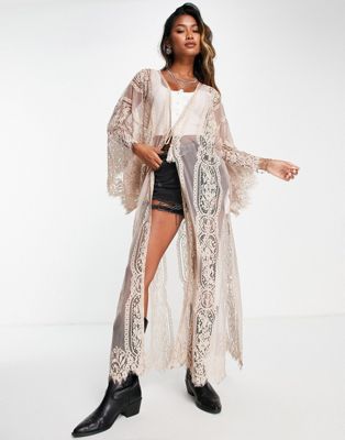 Lottie & Holly lace embroidered maxi kimono in taupe