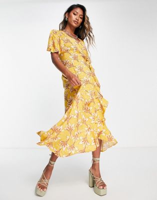 Lottie & Holly wrap front midaxi dress in yellow floral print