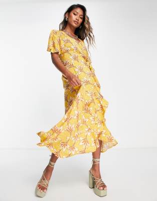 Lottie & Holly wrap front midaxi dress in yellow floral print