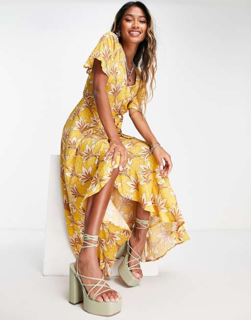 Lottie Holly wrap front midaxi dress in yellow floral print ASOS