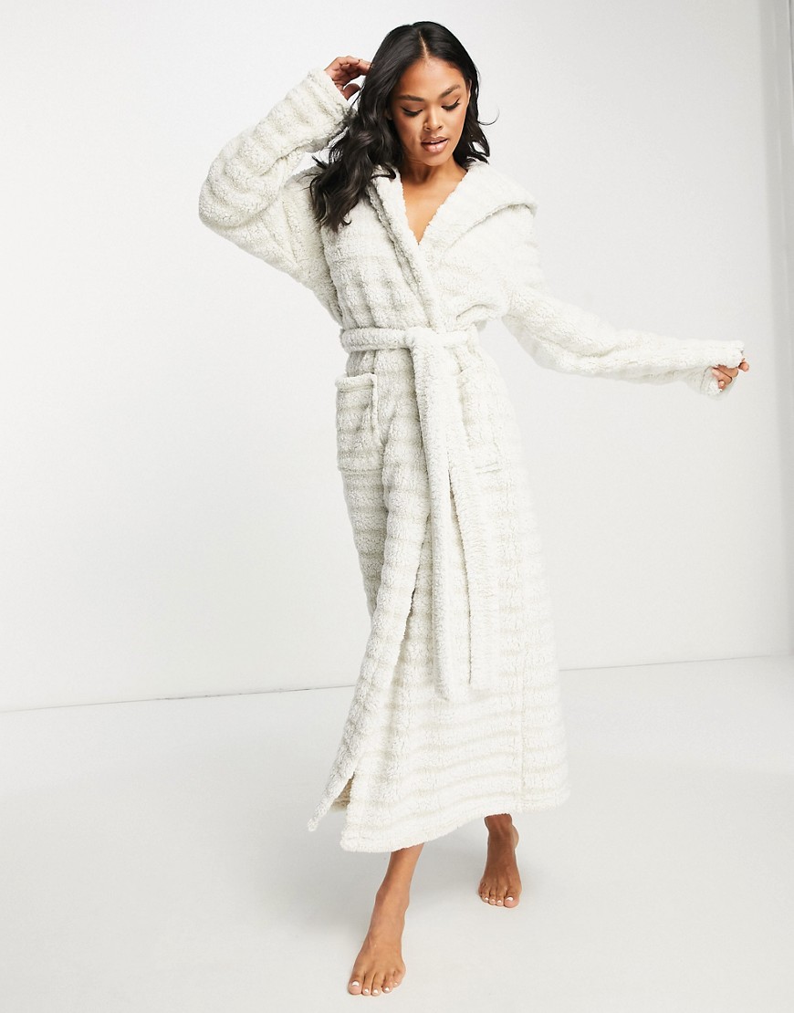 Loungeable Loungable fluffy ribbed maxi robe in cream-White