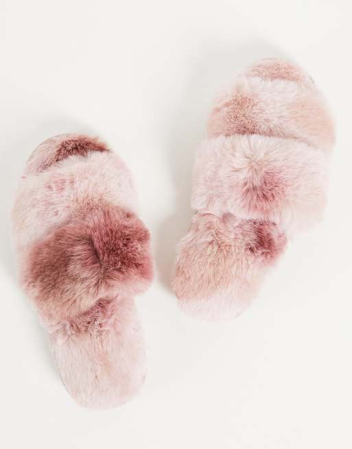 Loungeable 2-bar detail faux-fur slides in tonal pink, 2 of 4