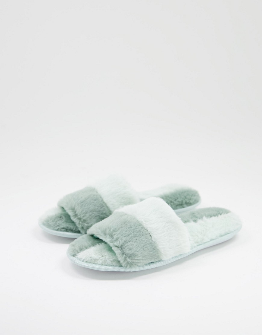 Loungeable 2 color faux fur splice slides in tonal green