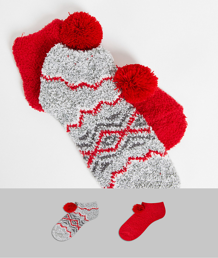 Loungeable 2 pack chenille socks in red and fairisle