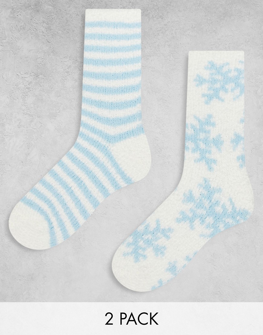 Loungeable 2 pack fluffy socks in blue and white snowflake and stripe prints
