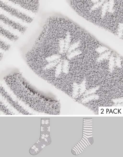 Loungeable 2 pack fluffy socks with ribbon in grey snowflake and stripe