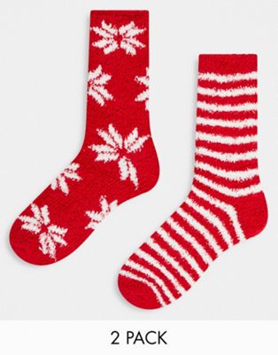 Loungeable 2 pack fluffy socks with ribbon in red snowflake and stripe