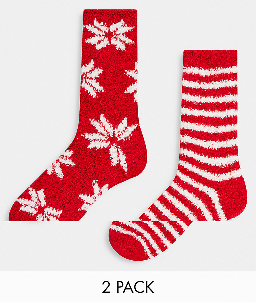 Loungeable 2 pack fluffy socks with ribbon in red snowflake and stripe