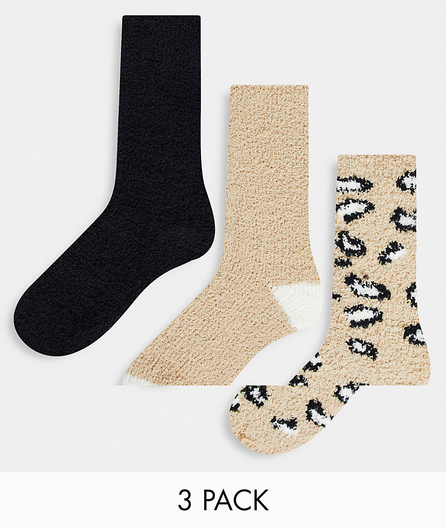 Loungeable 3 pack cozy socks with ribbon in animal pink and black