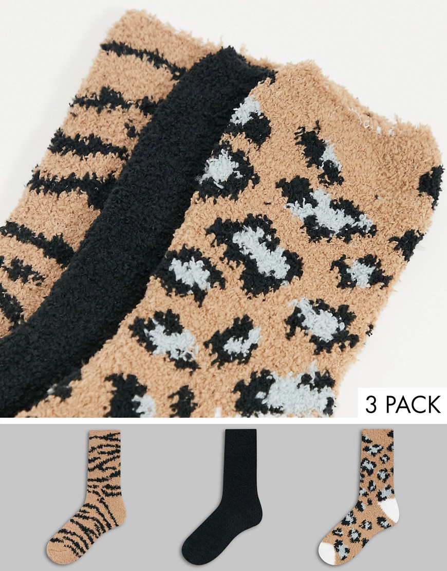 Loungeable 3-pack fluffy lounge socks in black and camel animal print-Brown