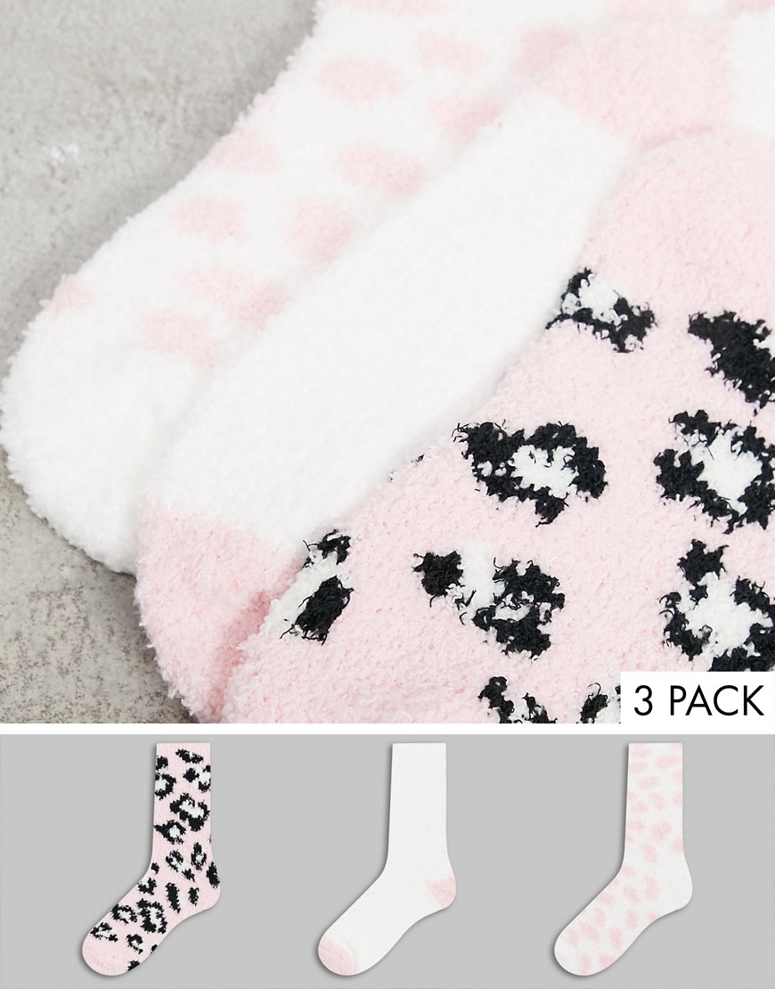 Loungeable 3-pack fluffy lounge socks in white and pink animal print