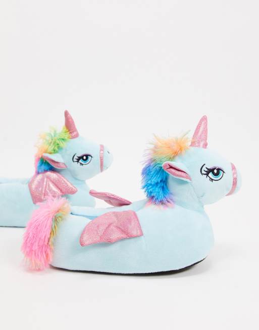 Loungeable 3D unicorn slippers with wings in light blue ASOS