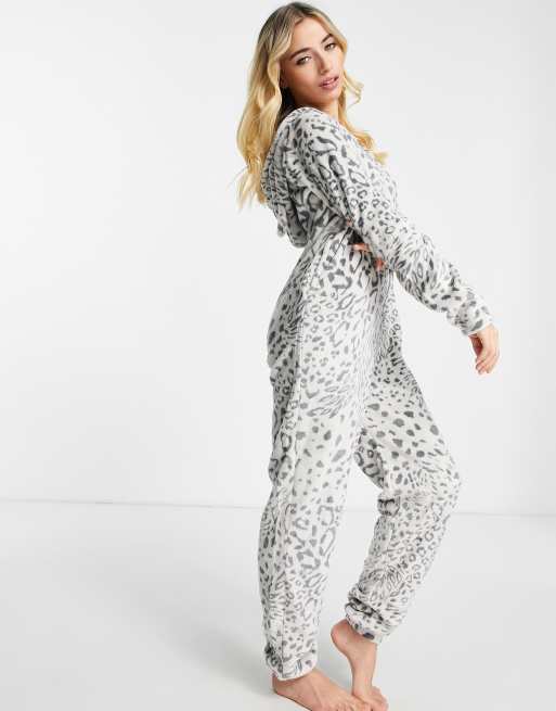 Loungeable all in one with ears in gray snow leopard ASOS