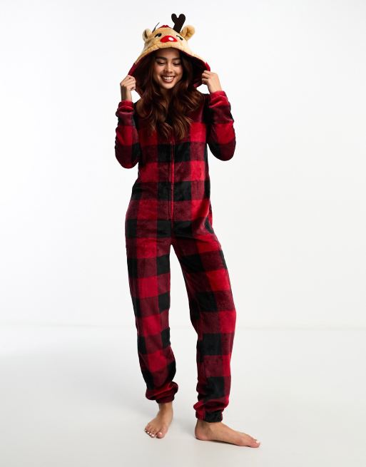 Loungeable all in one with reindeer hood in red check ASOS