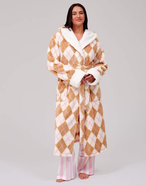 Loungeable Argyle cosy borg fleece midi hooded dressing gown in cream - view 1