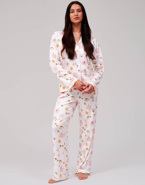 Loungeable Autumn pumpkin super soft long sleeve button through pyjama set in multi - view 1