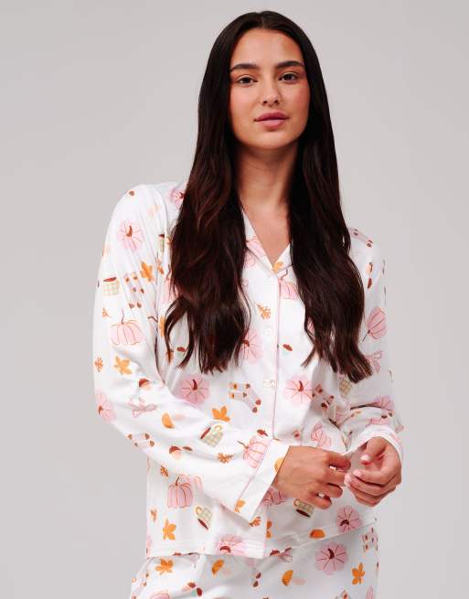 Loungeable Autumn pumpkin super soft long sleeve button through pyjama set in multi, 2 of 5