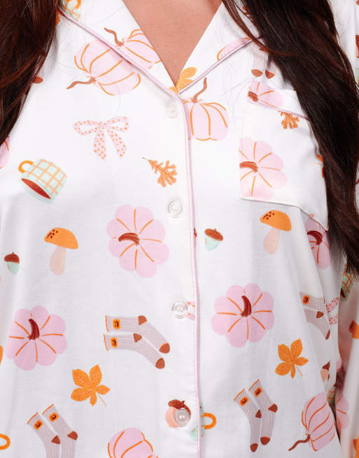 Loungeable Autumn pumpkin super soft long sleeve button through pyjama set in multi, 3 of 5