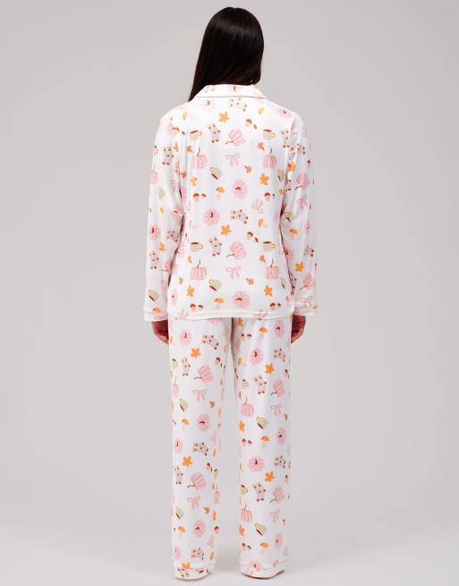 Loungeable Autumn pumpkin super soft long sleeve button through pyjama set in multi, 5 of 5