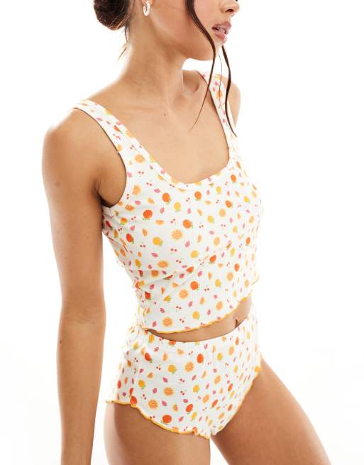 Loungeable - Baby pyjamaset van wafelstof met hemdje en broekje in fijne bloemen- en fruitprint