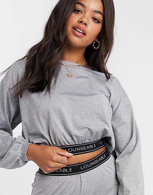 Loungeable balloon sleeve lounge crop top with logo elastic detail in grey marl