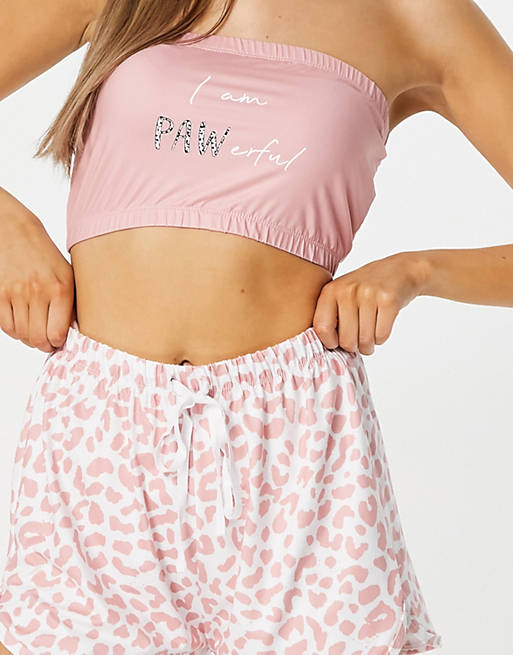 Loungeable bandeau short pyjama set in pink leopard