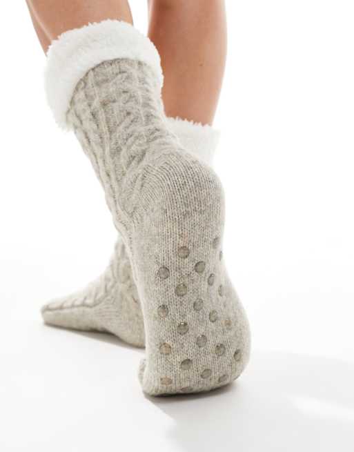 Loungeable beige marl cable knit sock with sherpa lining , 4 of 4