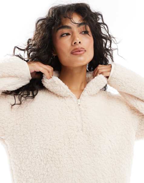 Loungeable borg 1/4 jumper with wide leg pants in Vanilla - view 1