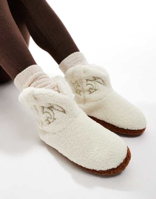 Loungeable Borg cowboy bootie slippers in cream ASOS