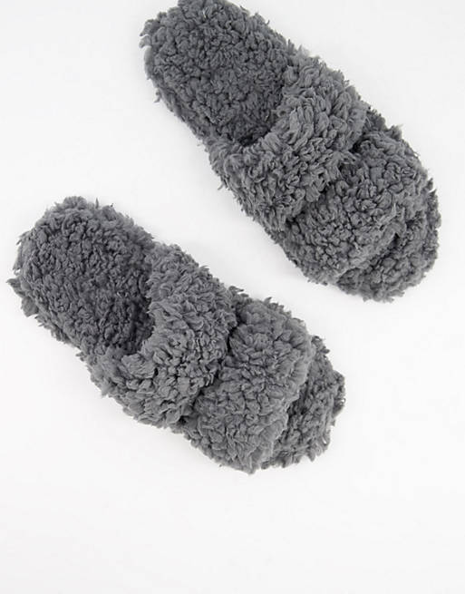 Loungeable borg double strap slippers in grey