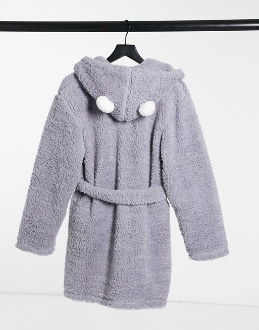 Loungeable borg robe with pom pom detail in grey