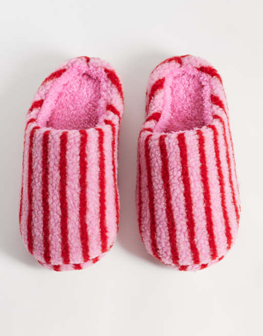 Loungeable borg slippers in red and pink stripe, 2 of 4