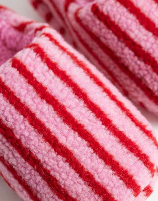 Loungeable borg slippers in red and pink stripes, 3 of 4