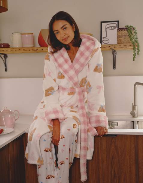 Loungeable Bow croissant luxury fleece midi hooded dressing gown in multi - view 1