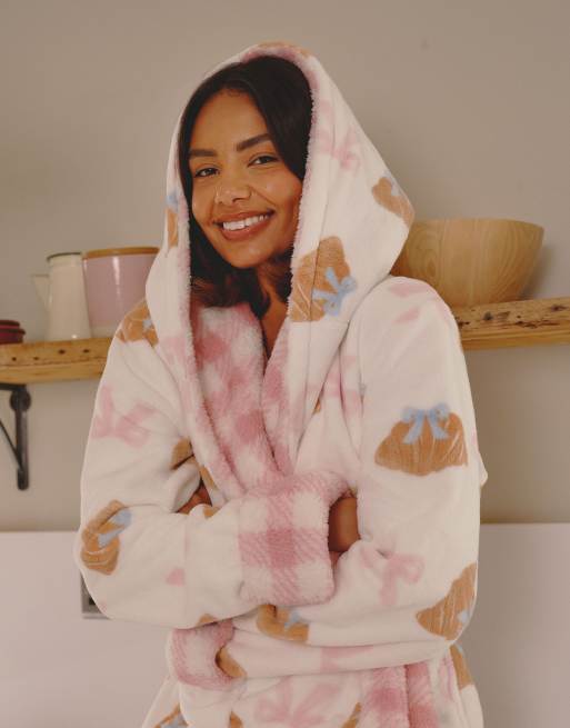 Loungeable Bow croissant luxury fleece midi hooded dressing gown in multi, 2 of 7