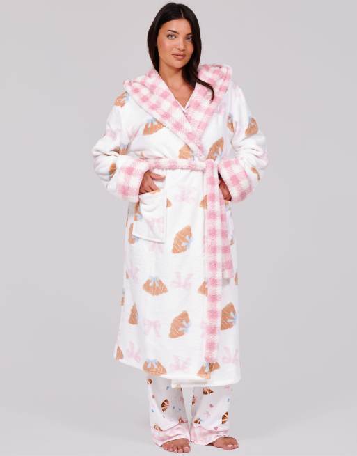 Loungeable Bow croissant luxury fleece midi hooded dressing gown in multi, 3 of 7